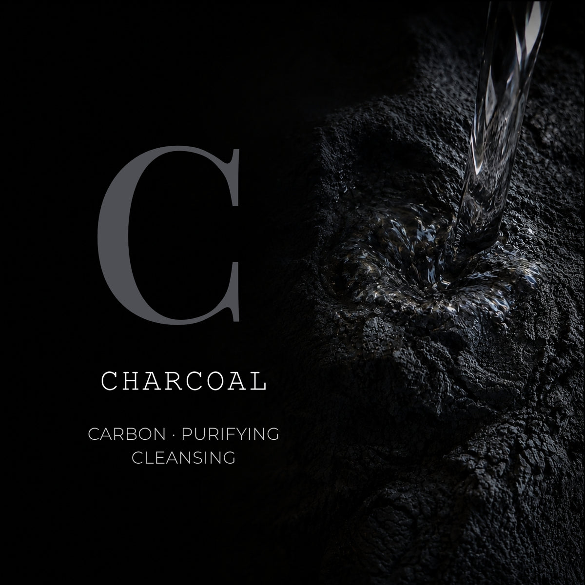 Charcoal and water representing the cleansing charcoal element used in Get Naked Australian skincare and Bathing Bricks.
