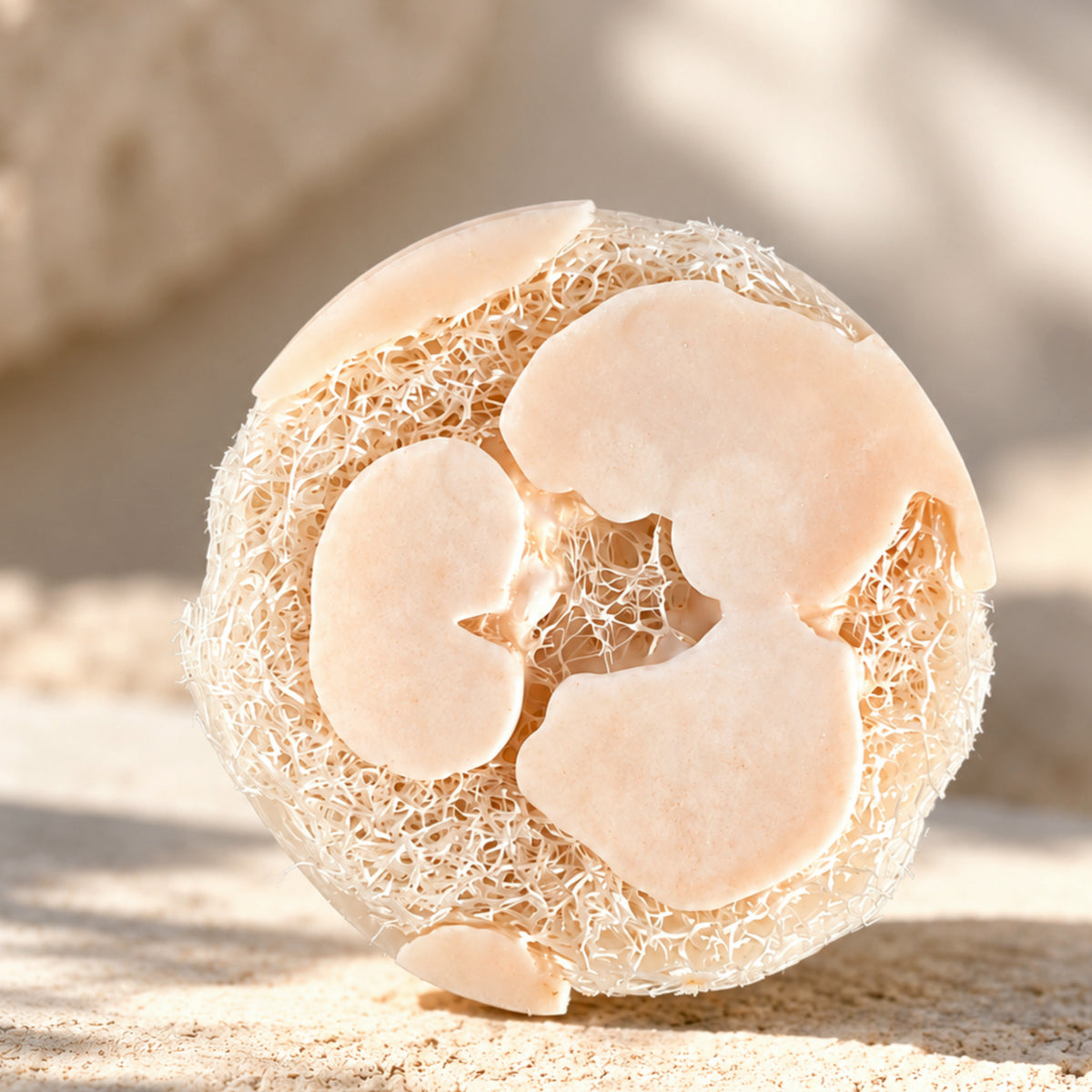 Ningaloo Glow natural loofah body wash soap showing loofah embedded in the bar