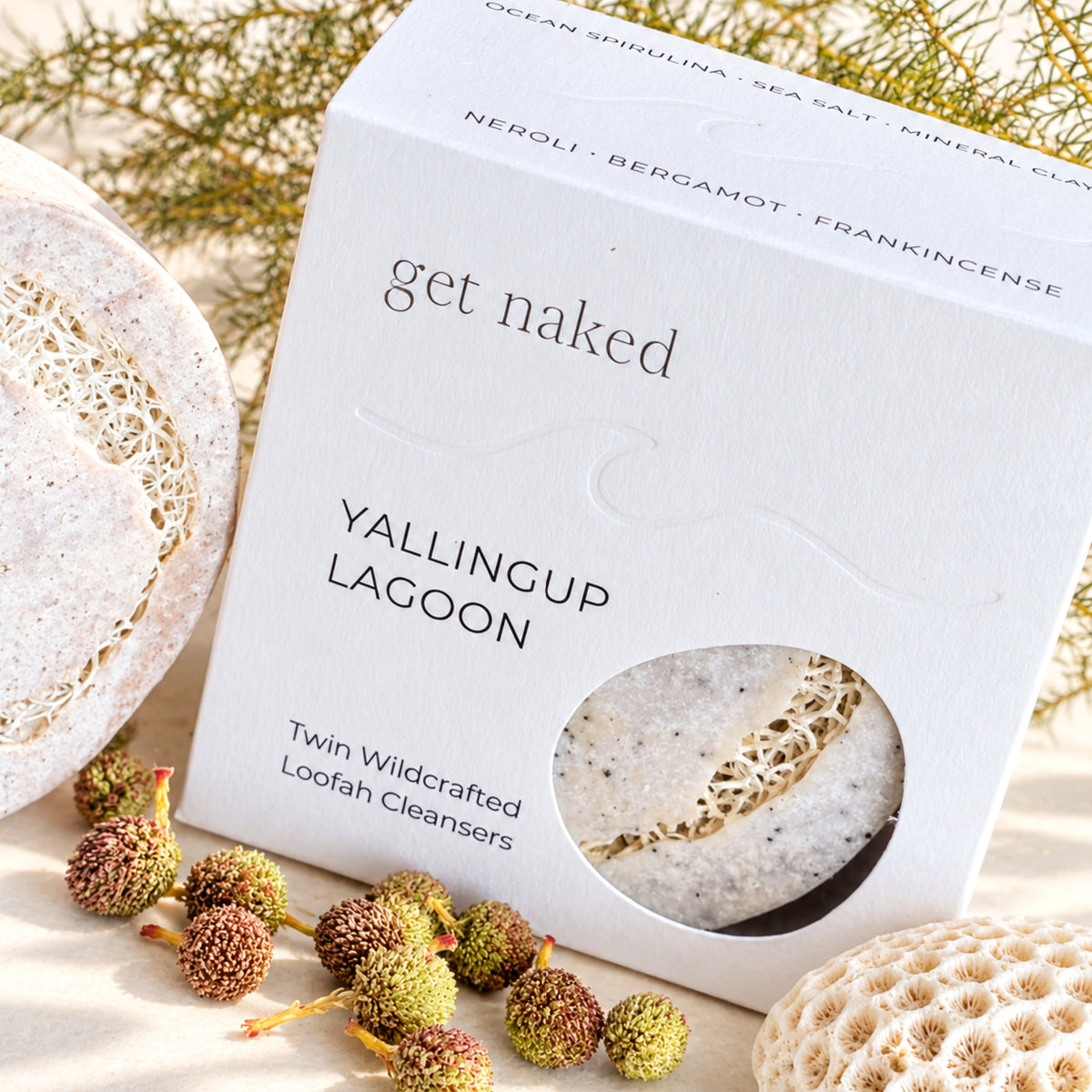 Yallingup Lagoon Australian loofah body wash soap with retail box and natural loofah