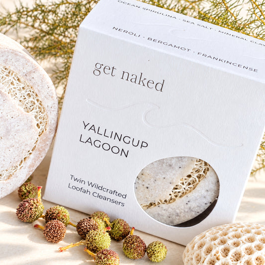 Yallingup Lagoon Australian loofah body wash soap with retail box and natural loofah